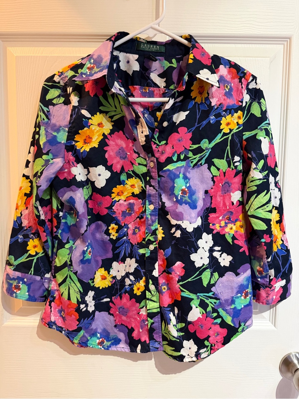 Lauren Floral Button-Down Shirt in Navy with Multicolor Blooms